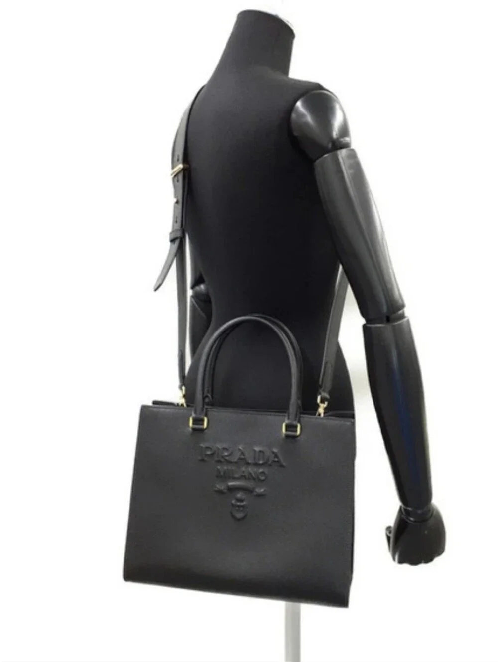 Luxury Authentic Prada Saffiano Milano Black Handbag with Shoulder Strap